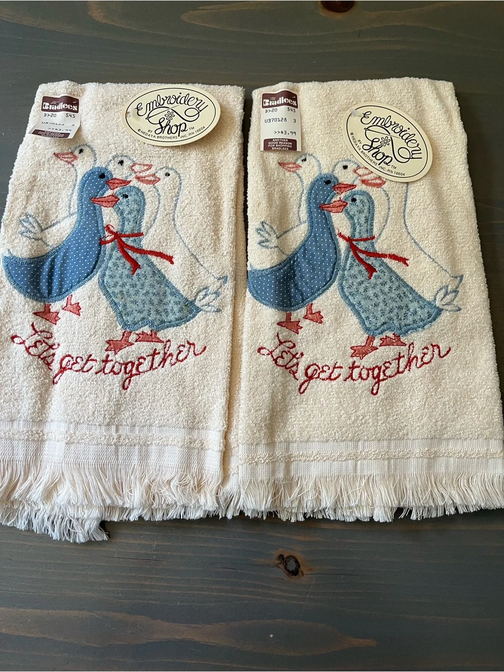 80s 90s Country Goose Dish Towels Set of 2 Embroidered Lets Get Together NOS NWT